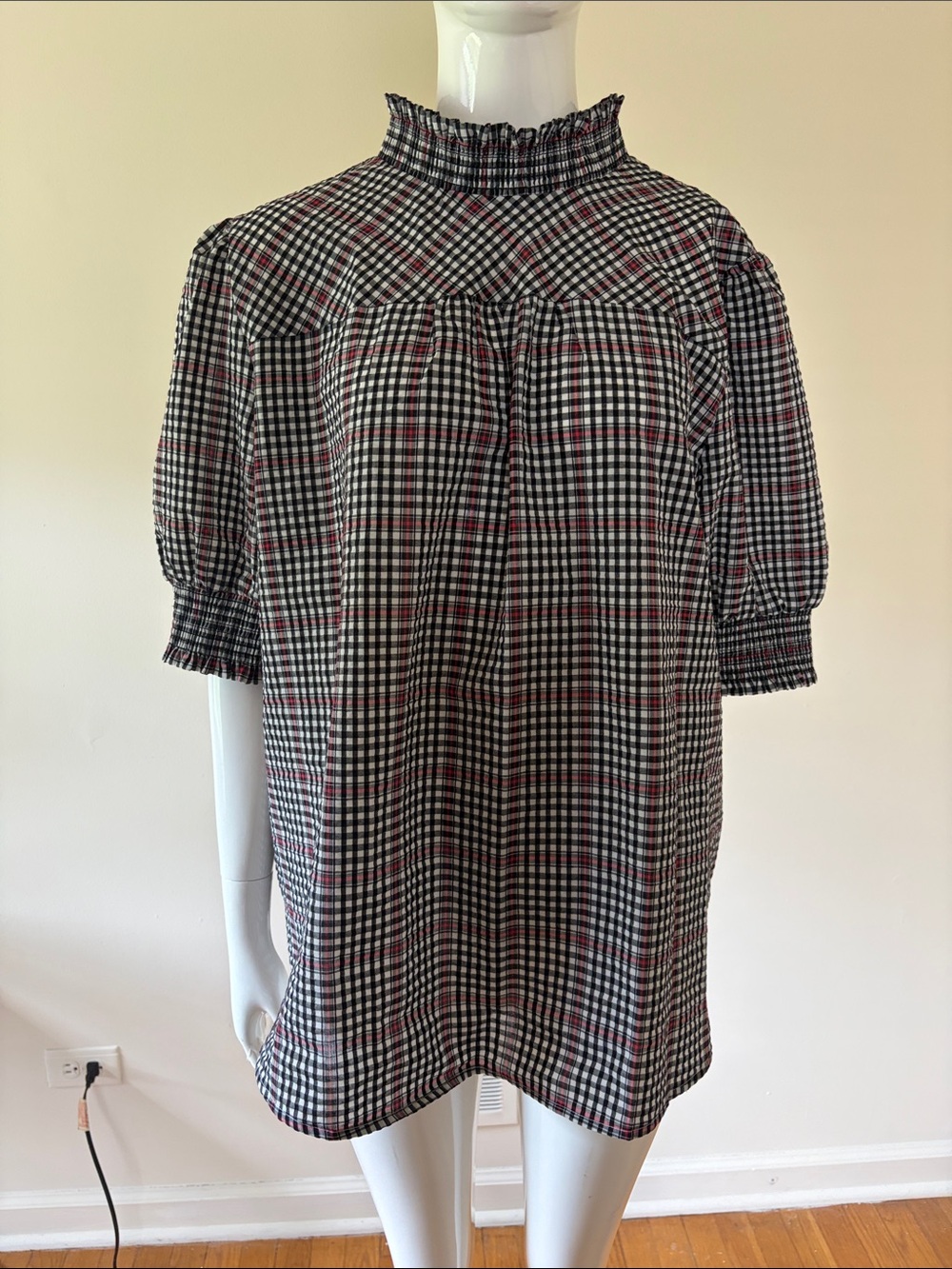 LOFT Black White Red Gingham Smocked Mock Neck Blouse